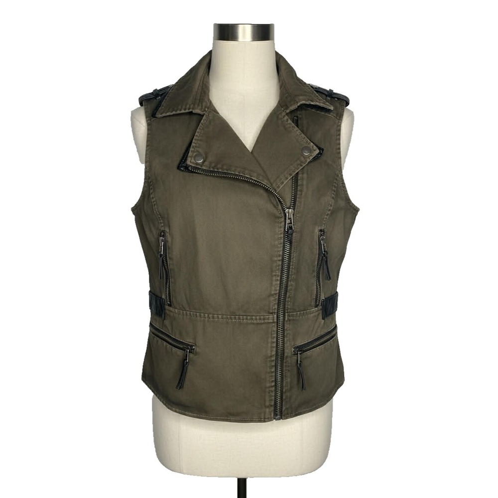 Chelsea & Violet SX Faux Leather Cotton Biker Vest Green Edgy Moto Grunge Womens
